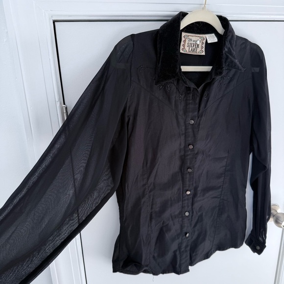 VTG WRANGLER Silver Lake Western Velvet Sheer Long Sleeve Button Down Top L - Picture 4 of 10